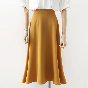 

vintage high waist chiffon women skirts 2020 summer new solid A-line knee-length office lady elegant skirts top quality