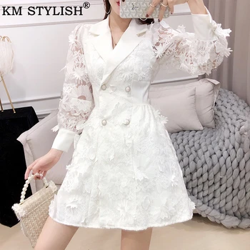 

2019 Women Trench Coat New Spring Autumn White Outwear High Waist Three-dimensional Flower Lace Lantern Long Sleeve Windbreaker