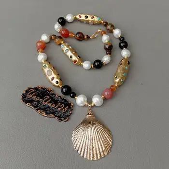 

Sea shell Pearl Tiger Eye gold color Plated Beads Necklace Seashell Pendant For Women Collier Femme Shell Cowrie Summer