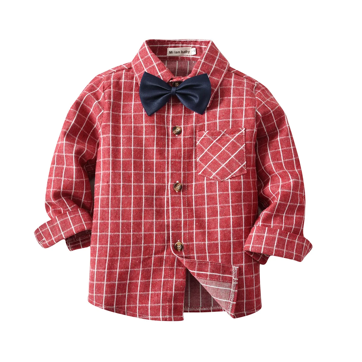 

CHILDREN'S Shirt Spring And Autumn Wine Red Plaid Long-sleeve Blouse with Bowtie Children Gentleman Tops Shirt
