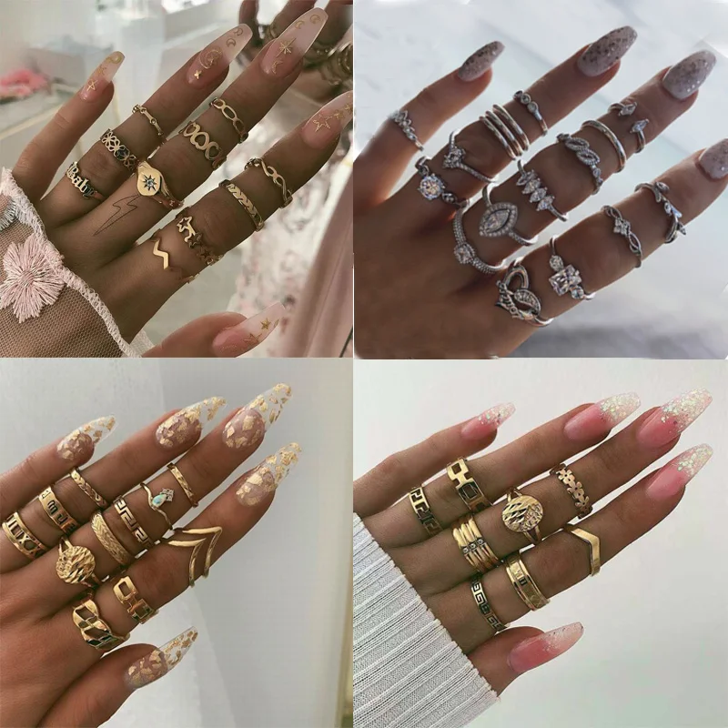 

Boho Vintage Golden Women Rings Set Crystal Six Star Flower Snake Rings Set for Women Fashion Charm knuckle Rings female Jewelry