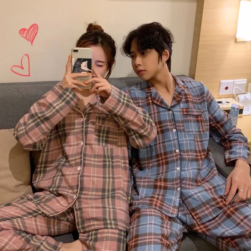 

XIFER 2020 Spring and Autumn Korean Version of The Brushed Lattice Comfortable Couple Pajamas Long-sleeved Trouser Home Wear Set
