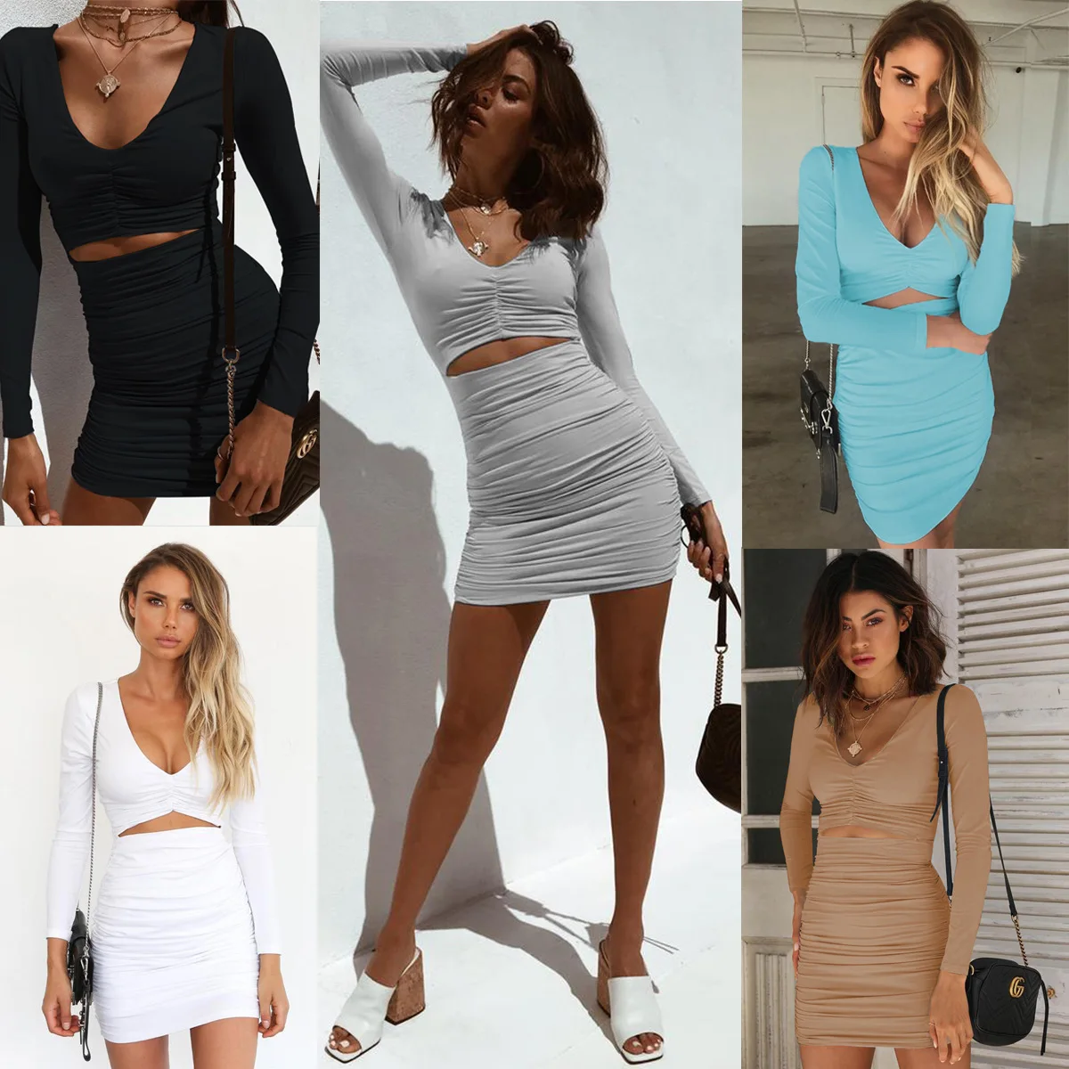 

Women Sexy Pleated Mini Dress Spring Solid Color V-Neck Long Sleeve Bodycon Pencil Dresses Party Outfits Club Clothes