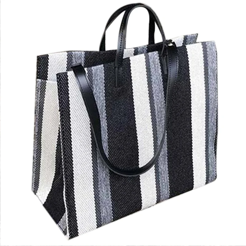 

Summer Striped Canvas Bag Simple Canvas Bag Shoulder For Women Shopping And Traveling Large Capacity Women'S Bag Casual Bag(Blac
