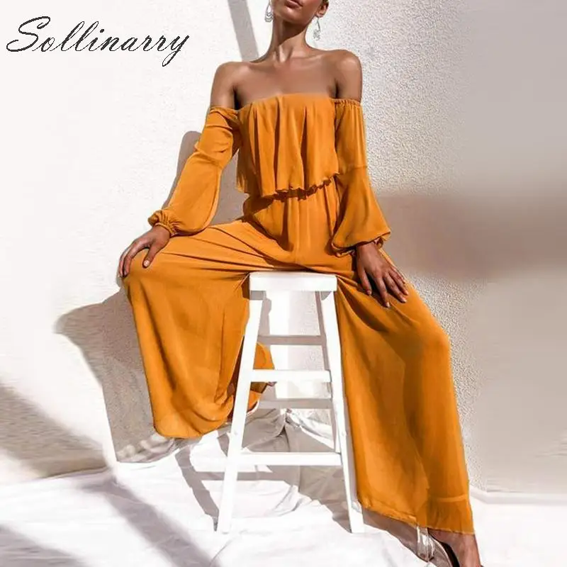 

Sollinarry Solid Color Female Long Jumpsuit Elegant Autumn Off Shoulder Office Rompers Women 2019 Winter Wide Leg Sexy Playsuits