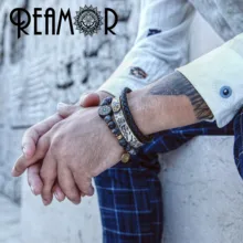 REAMOR 9 видов конструкций инкрустация бирюза Инь Ян Будда Лотос с деревянной лестницей бусины браслеты натуральный оникс чакра браслет для пары