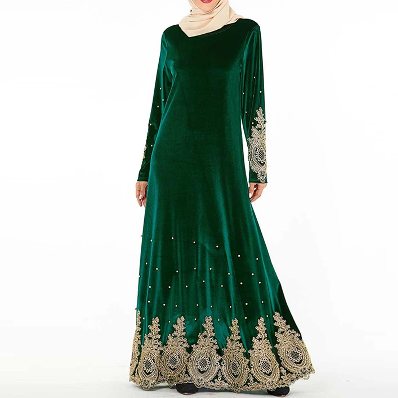 Plus Size Lace Velvet Abaya Dubai Turkish Hijab Muslim Dress Islamic Clothing Lladies Abayas Caftan Kaftan Dresses Robe Kleding - Цвет: green dress