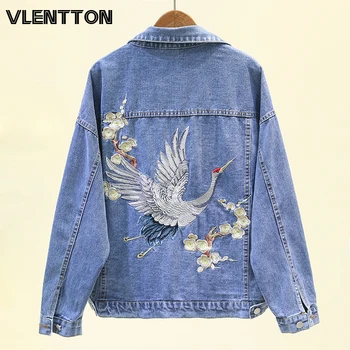 

2020 Spring Autumn Print Embroidery Denim Jacket Coat Women Black Button Casual Loose Jeans Outwear Female Tops Casaco Feminino