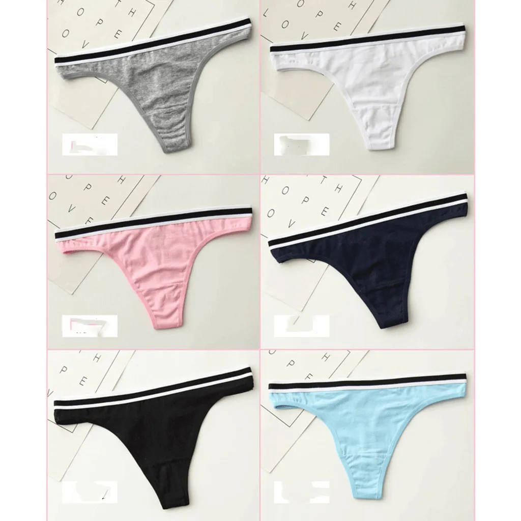 6Packs Ladies Underwear Women Thong cotton Solid Hispter G-string Panties low waist striped