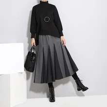 LIVA GIRL New Autumn Winter High Waist Solid Color Black White Split Joint Loose Pleated Half-body Skirt Women Fashion