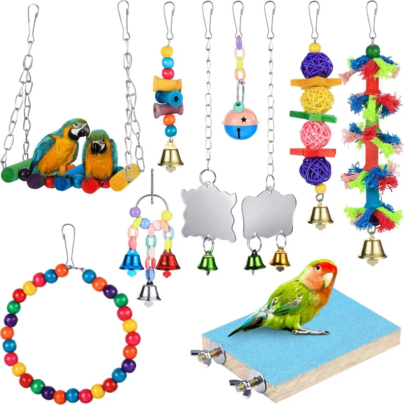 10 Packs Bird Swing Chewing Toys- Parrot Hammock Bell Toys Suitable for Small Parakeets, Cockatiels, Conures, Finches,Budgie,Mac