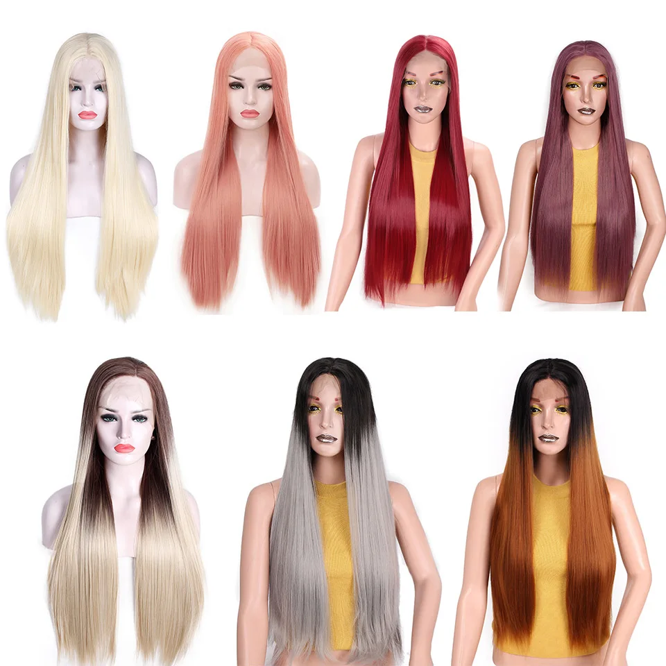 Я в парик 13x4 белый Цвет синтетический Синтетические волосы на кружеве парики длинные прямые Косплэй парик для Для женщин 60/613 блондинка средняя часть природы волосы