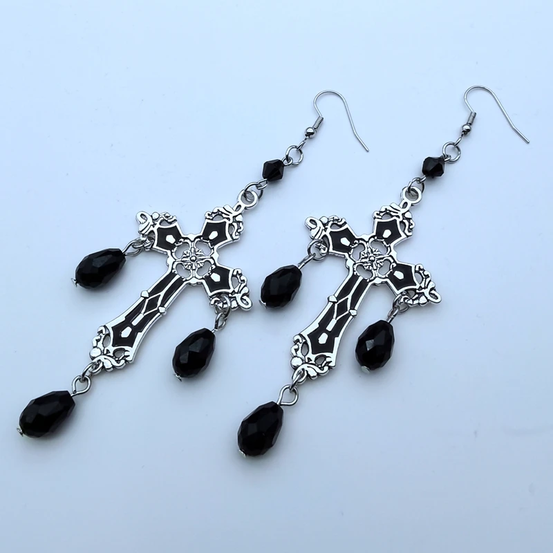 Crystal Earrings Black Cross Garnet and Crystal Chandelier Earrings Goth Large Trad Gothic Statement Jewelry Rock Gorgeous Fashion Women Gift