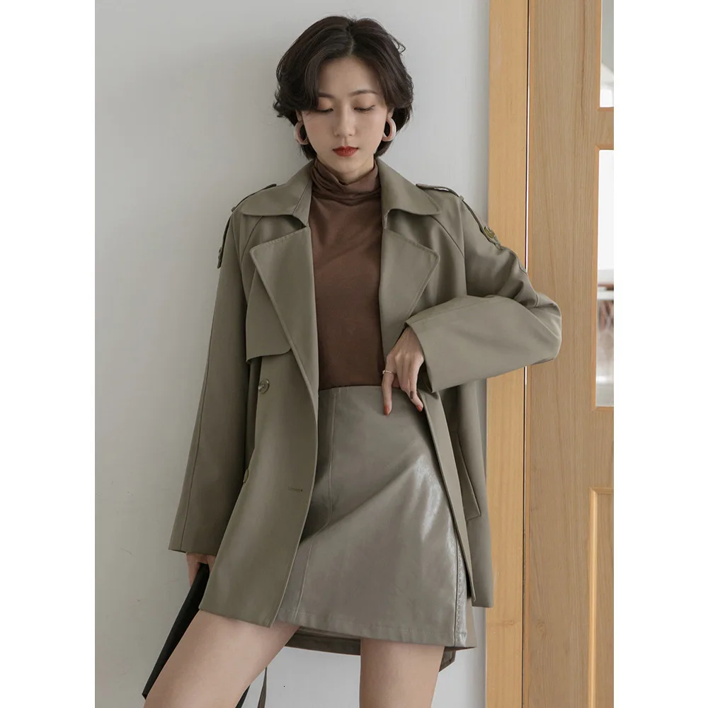 TVVOVVIN осеннее лаконичное одноцветное Двухрядное короткое ветронепроницаемое Свободное пальто с пряжкой и длинным рукавом с поясом для женщин ZX193