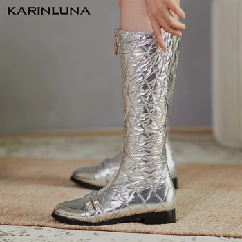 

Brand Fashion 2020 Flat with Round Toe Zipper Knee High Boots Casual Buckle Straps Synthetic Low Heels Autumn Women shoes