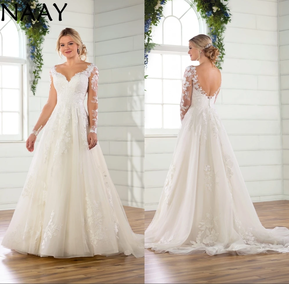 

NAAY Elegant Lace Appliqued V Neck Wedding Dresses 2020 Long Sleeves A Line Backless Plus Size Bridal Gown Vestido De Noiva