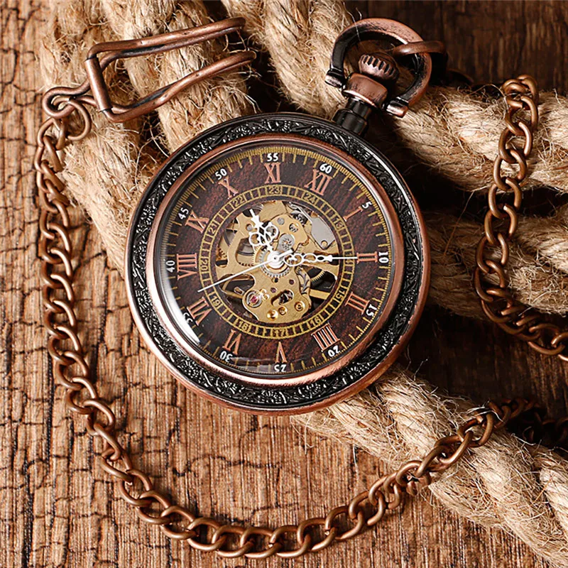 Red Bronze Skeleton Handwinding Mechanical Pocket Watch for Men Women Roman Numeral Fob Pendant Chain Open Face Clock Collect