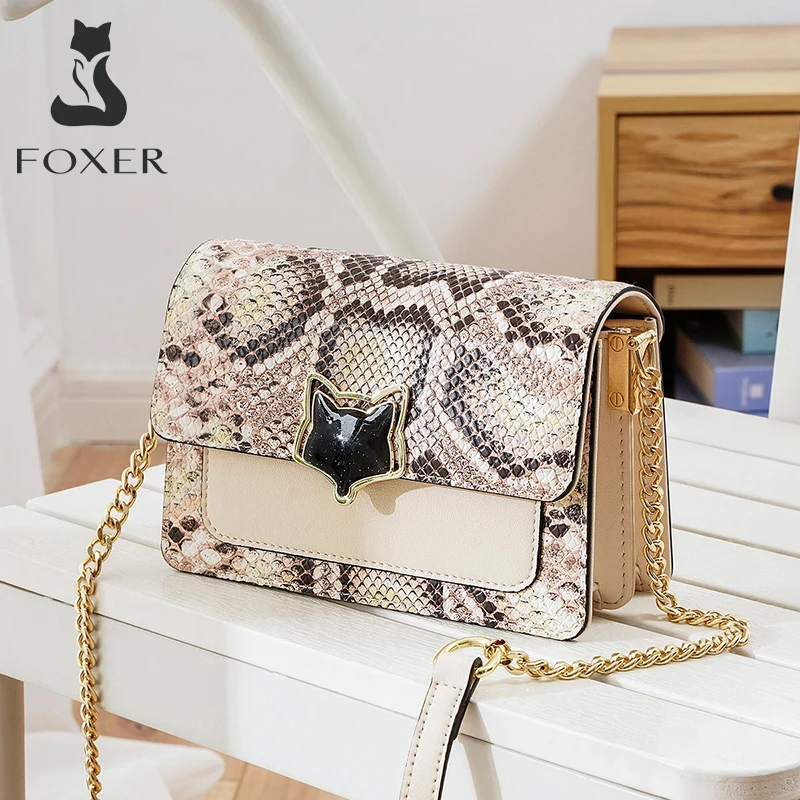 

FOXER Stylish Ladies Crossbody Bags Cow Leather Serpentine Stylish Female Shoulder Messenger Bag Retro Soft Flap Bags for Women
