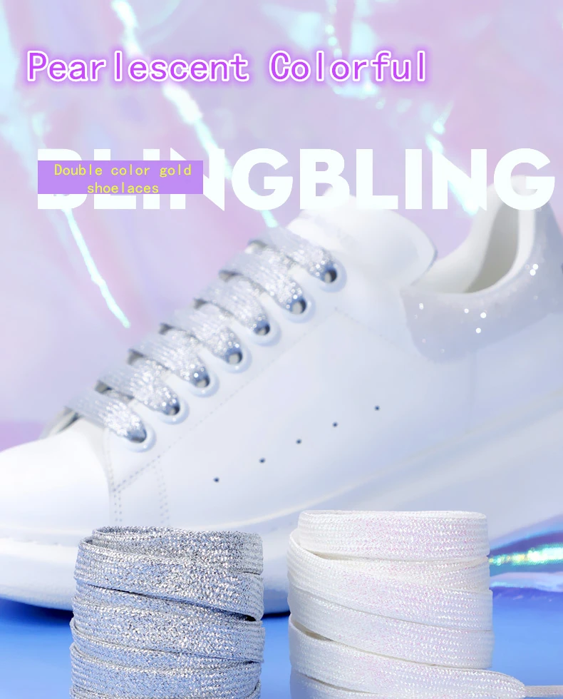 Glitzernde Schnürsenkel, bunte, gold- und silberfarbene, glänzende, flache Schnürsenkel für Sportschuhe, Laufschuhe, Sneaker und Stiefel, 1 cm breit. – Detail 2