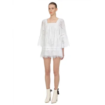 

Runway Designer Tops 2020 Women Sexy Elegant Backless Flare Sleeve White Lace Blouses