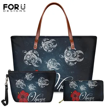 

FORUDESIGNS Luxurt Women 3pcs Shoulder Bag Tote Bag Hawaii Turtle Hibiscus Polynesain Tribal Design Large Handbag Long PU Wallet