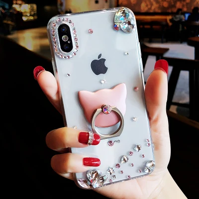 

Fashion Diamond Transparent Cat Finger Ring Holder Stand Phone Cases For IPhone 11 Pro MAX X XS MAX XR 5 5S 6 6S 7 8 Plus Cover