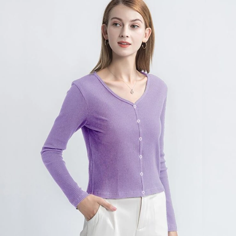 

Slim Fit T Shirt Women Long Sleeve V Neck Body Basic Tops Spring Autumn Solid Color Single Breathable Woman Tshirts Knitted Wear