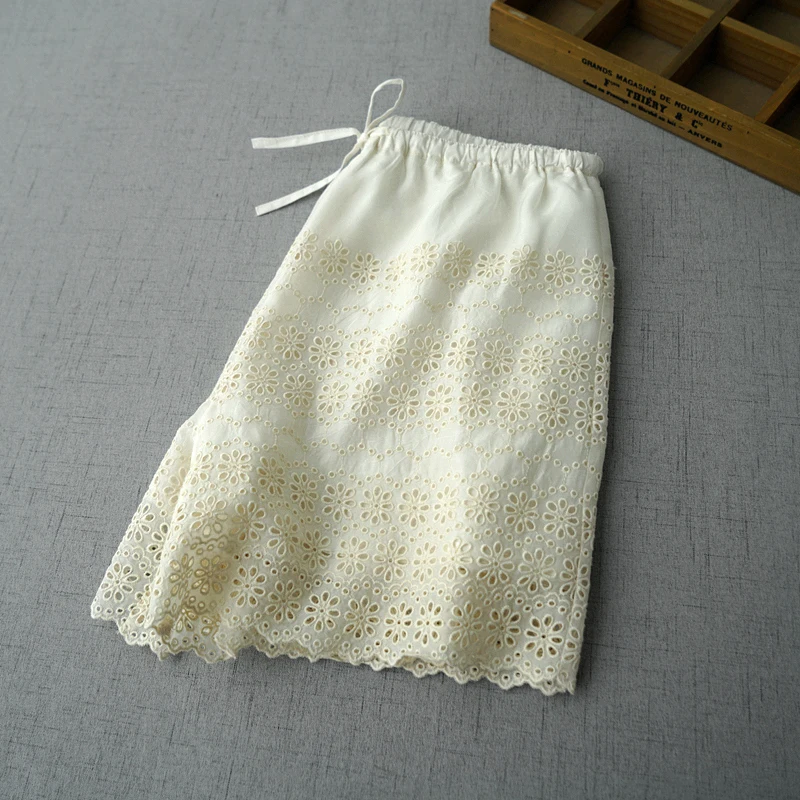 

Summer Women Loose Plus Size Hollow Out Embroidery Comfortable Water Washed Bamboo Fiber Trousers Elastic Waist Wide Leg Shorts