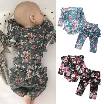 

Infant Toddler Baby Girl Clothes Set 2019 Fall Long Sleeve Ruffle Floral Round Neck Bodysuit Ruffle Pants Clothing Outfits 2PCs