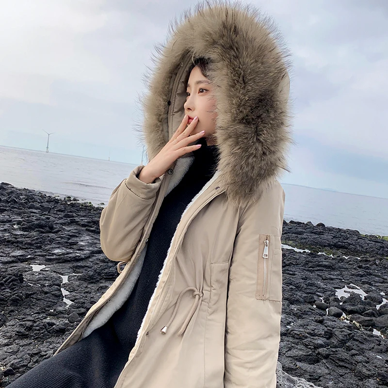 Shellsuning длинная куртка женская зимняя однотонная с меховым воротником хлопковое пальто теплая Корейская стеганая BF парка на молнии приталенная утепленная верхняя одежда - Цвет: Khaki