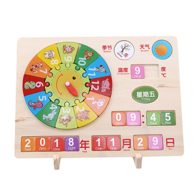 Цифровые часы, Обучающие деревянные Игрушки для маленьких детей, познавательные 12 цифр, геометрические деревянные головоломки, животные, учатся знать время, часы с календарем