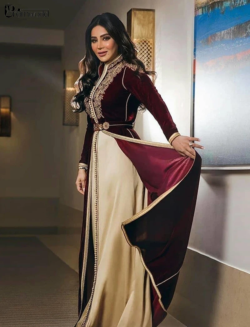 Марокканское официальное платье трапеция Caftans бордового цвета с длинным рукавом