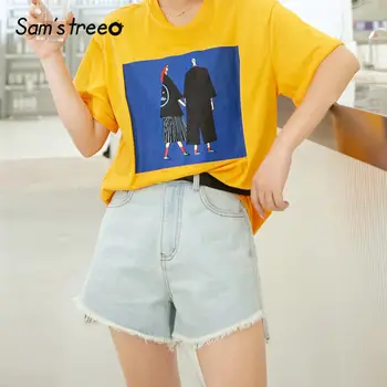 

SAM'S TREE Blue Solid Irregular High Waist Washed Casual Denim Shorts Women 2020 Summer New Raw Hem Korean Ladies Daily Bottom