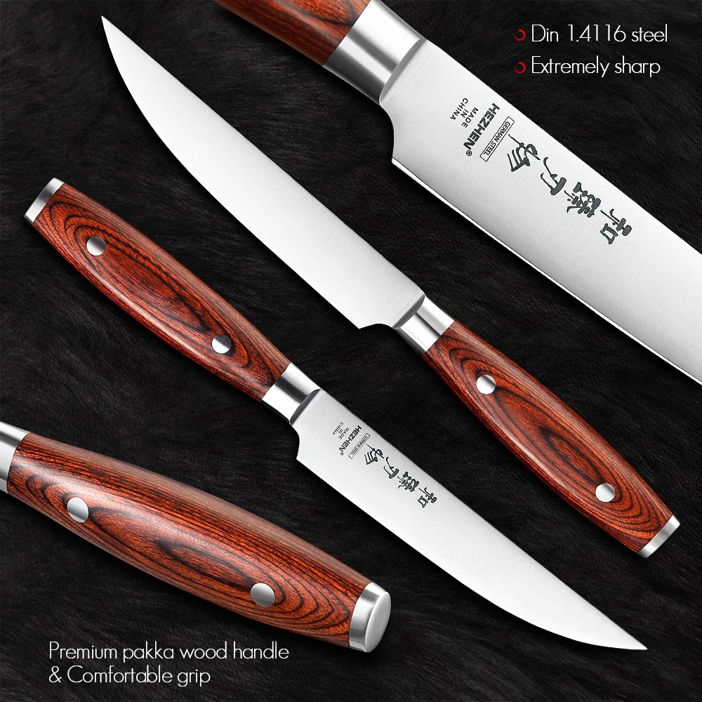 HEZHEN 4PCS Steak Knife Sets Chef Cutting Tool Stainless Steel High-quality Pakka Wood Handle Kitchen Cook Knives