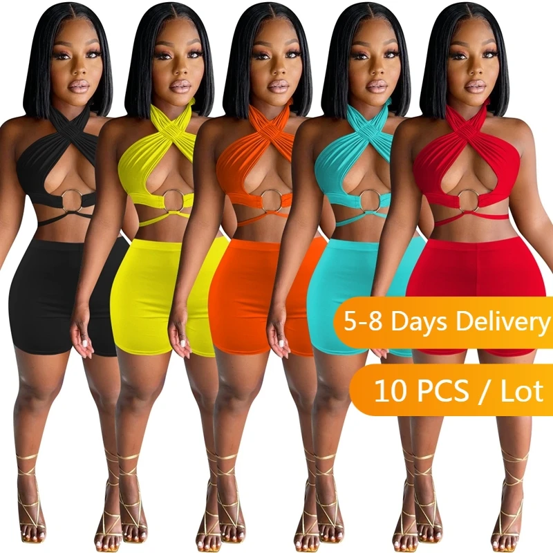

Bulk Items Wholesale Lots Bandage Sexy Summer Outfits Club 2 Piece Sets Womens Outfits Hollow Out Halter Top and Shorts Sets