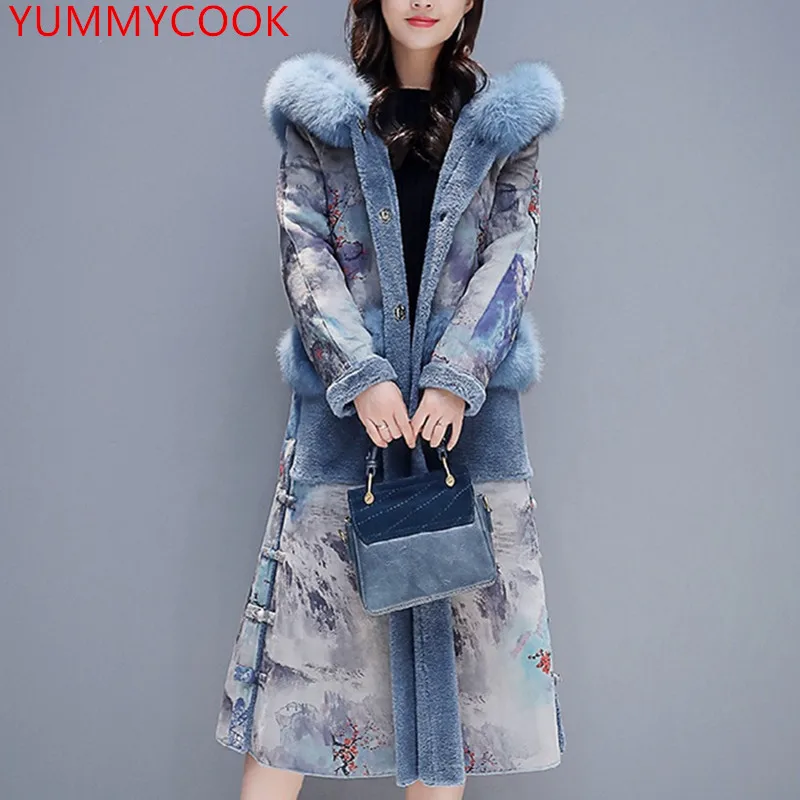 YUMMYCOOK Мода была тонкой выше колена длинное пальто с капюшоном меховой воротник
