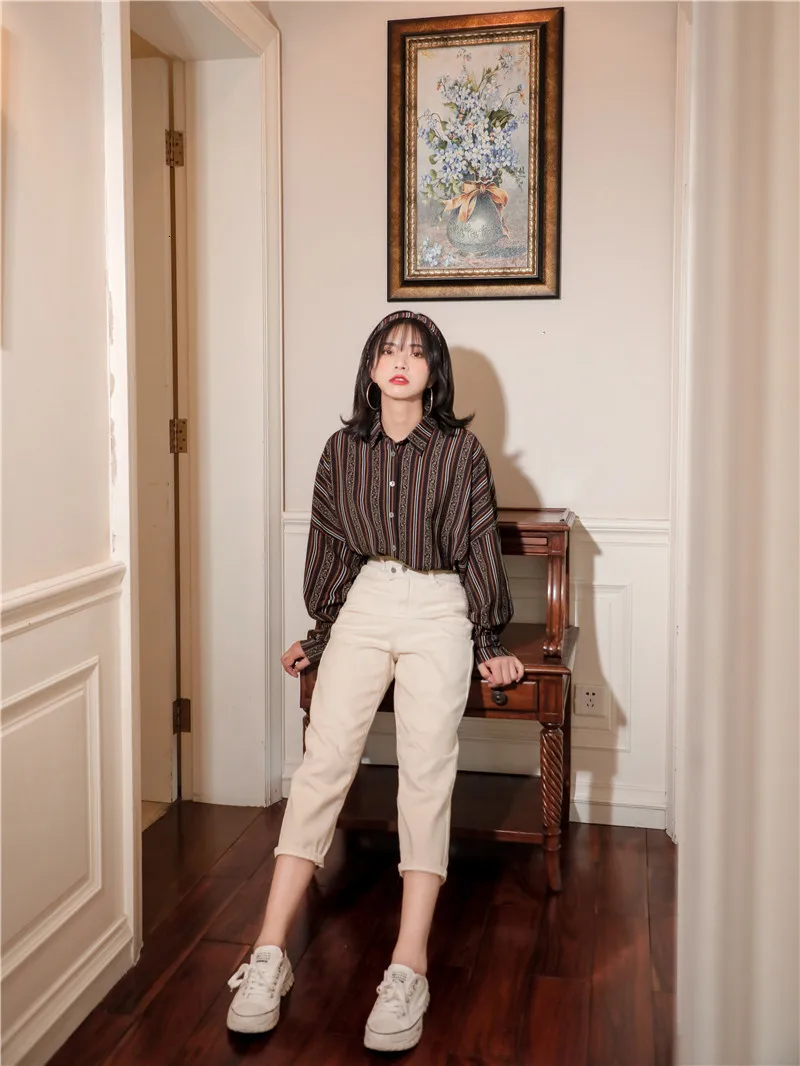 LANMREM Autumn And Winter Bow Retro Long-sleeved White Shirt Female Design Sense Small Doll Collar Striped Top 19B-a216