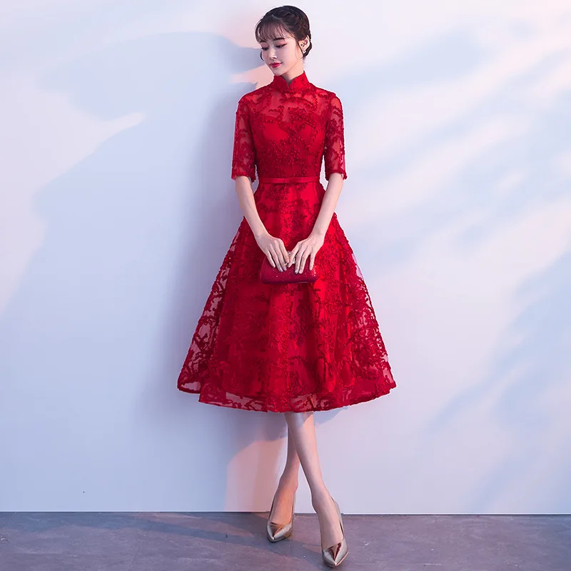 Модные новые кружевные вечерние платья Qi Pao женское традиционное китайское свадебное платье Cheongsam красное свадебное платье для невесты - Цвет: Big red medium SC