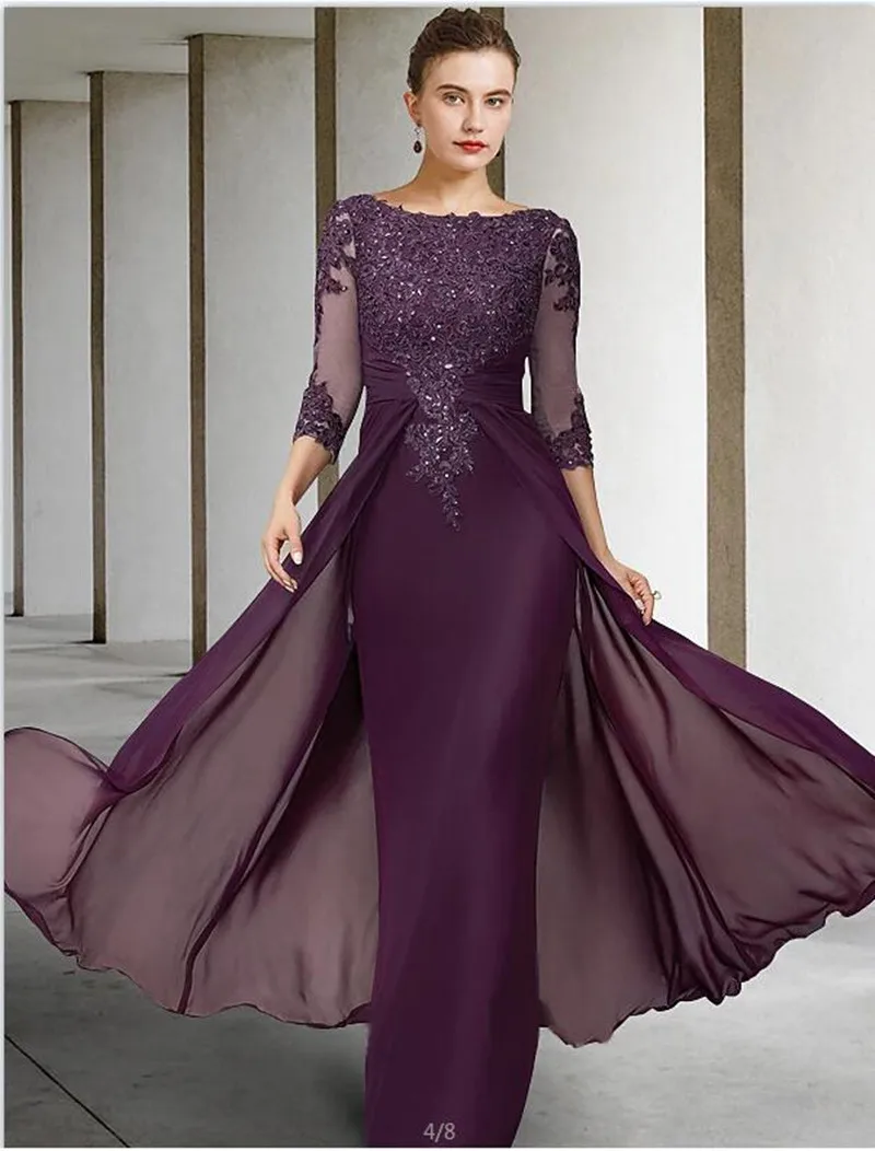 Elegant Wedding Guest Dresses Long Applique Women's Evening Dress Chiffon Formal Sheer Neck Mother of the Bride Dress
