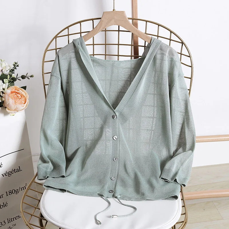 Льняной платок для защиты от солнца женский свитер кардиган летний вязаный кардиган женский плюс размер свитер женский свободный кардиган с капюшоном Женский - Цвет: 6