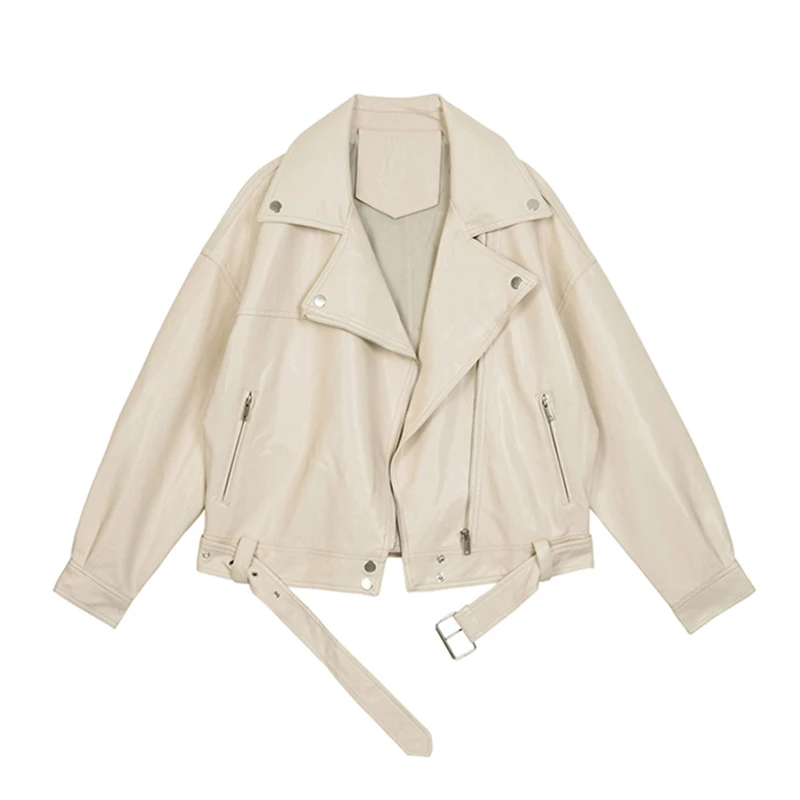 Leather Clothing Woman Short Autumn Suit collar Retro College style Pu Leather Jacket Loose Coat Woman