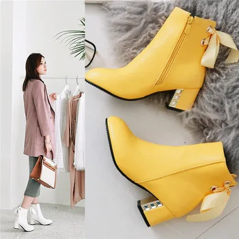 

YQBTDL Fashion White Yellow Womens Boots Ankle Cross Strap Riband Autumn Winter Block High Heels Party Wedding Shoes Booties 42