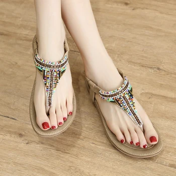 

Beach shoes 2019 new women casual comfortable flat bottom pin Bohemian beaded sandals