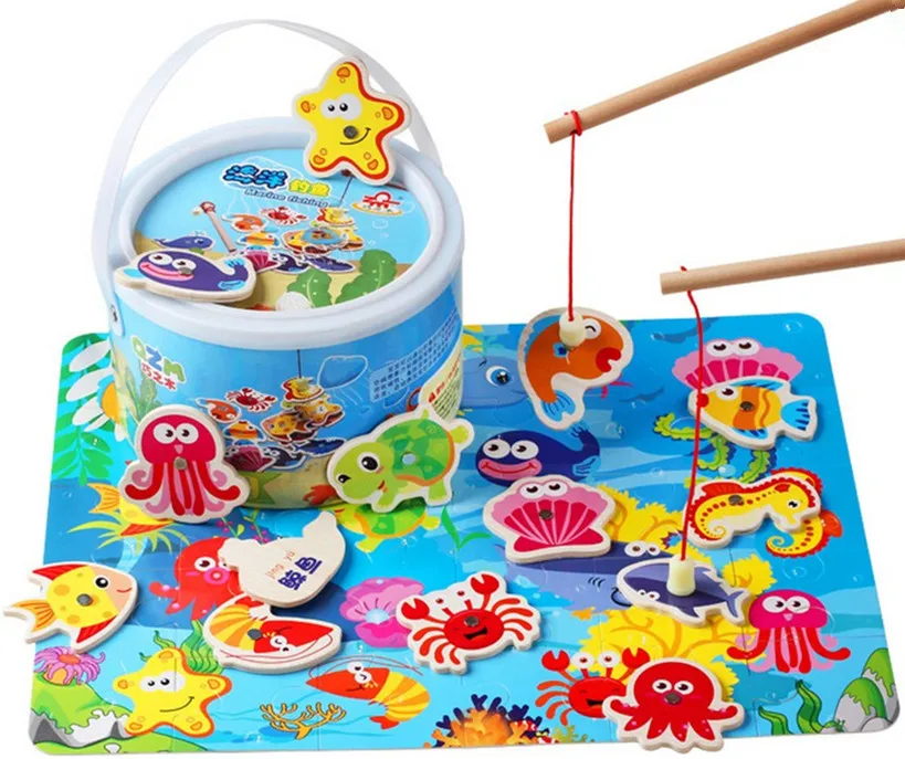 Boys and Girls Early Education wooden fishing toy magnetic Barrel Ocean Scene Two-Rod Fishing Children's Puzzle Toys