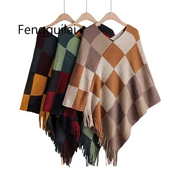 

Women's Sweater Color Block V Neck Plaid Knit Sweater Wrap Shawl With Tassels Cover Up Swing Woman Autumn Winter Jumpers