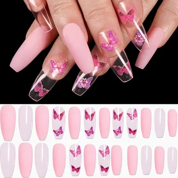 

24 Pcs/box Butterfly Pattern False Nails Acrylic Long Stiletto Ballerina Coffin Full Cover Fake Nails Art Tips Manicure Tools