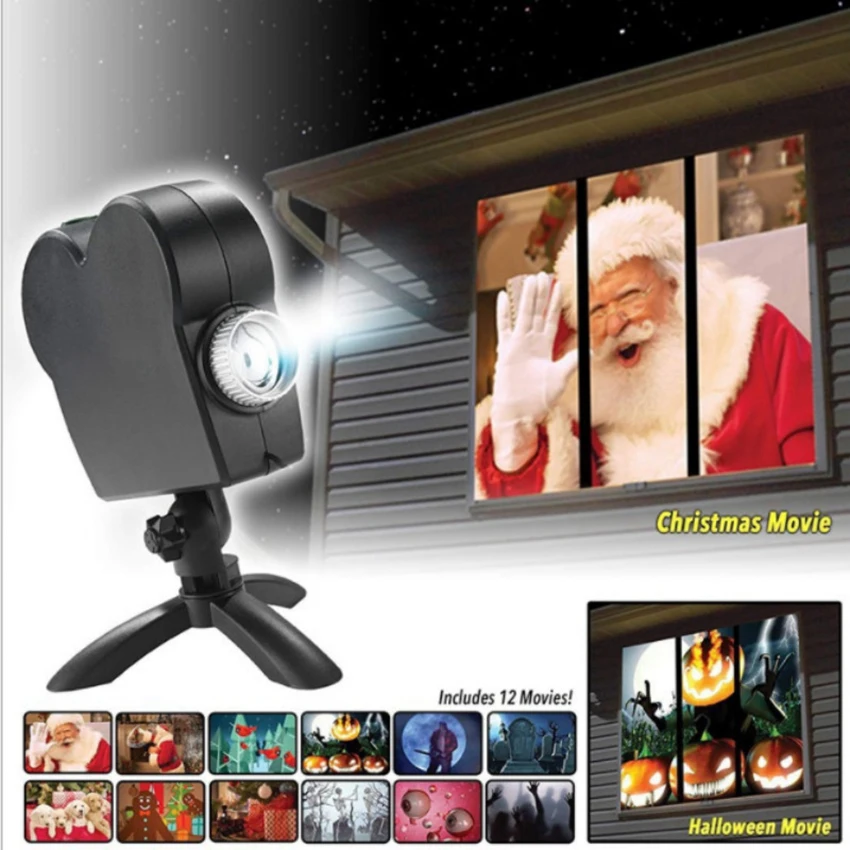 Фестиваль проектор огни для рождества Хэллоуин СВЕТОДИОДНЫЙ оконный проектор фильмы дисплеи оконный проектор с 12 праздничных фильмов