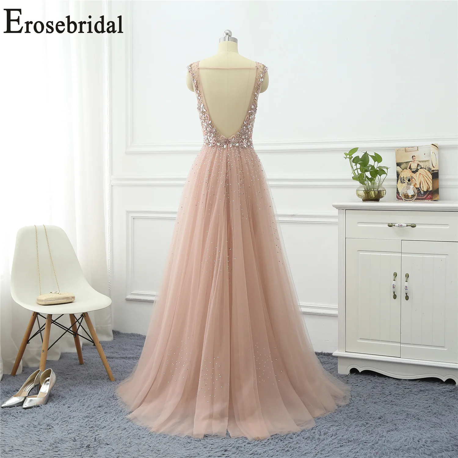 Erosebridal платья с длинным рукавом для особых случаев для женщин вечернее платье Длинные официальные платья вечерние платья тюль ткань с бисером