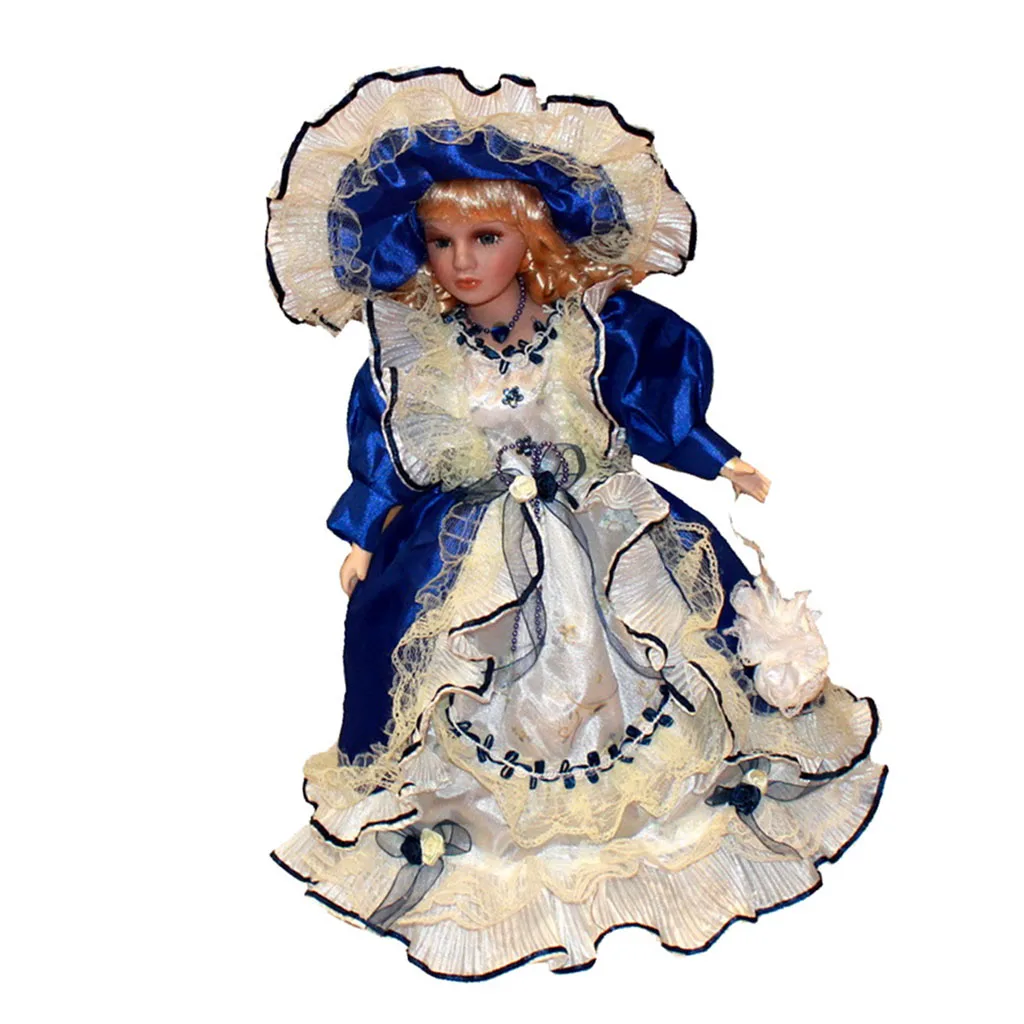 40cm Victorian Porcelain Doll Splicing Doll Wearing Blue Party Dress Collectible