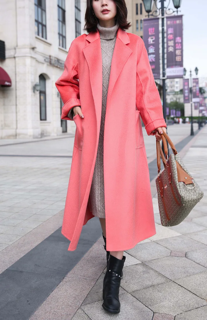 Женское шерстяное пальто, осенне-зимняя кашемировая верхняя одежда, Новое поступление, шерстяное пальто средней длины высокого качества, Новинка - Цвет: Розовый